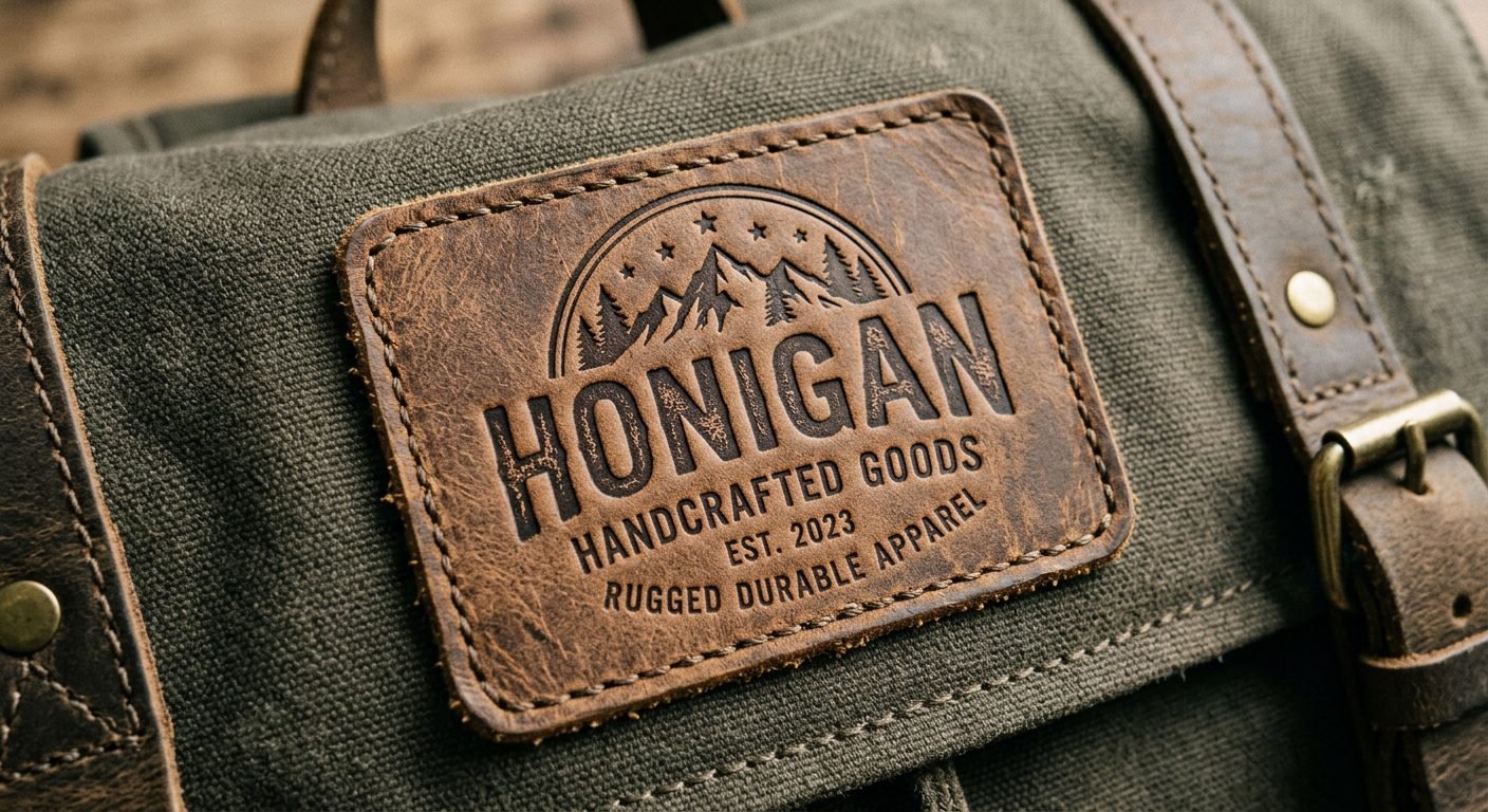 Honigan embossed leather patch on waxed canvas bag